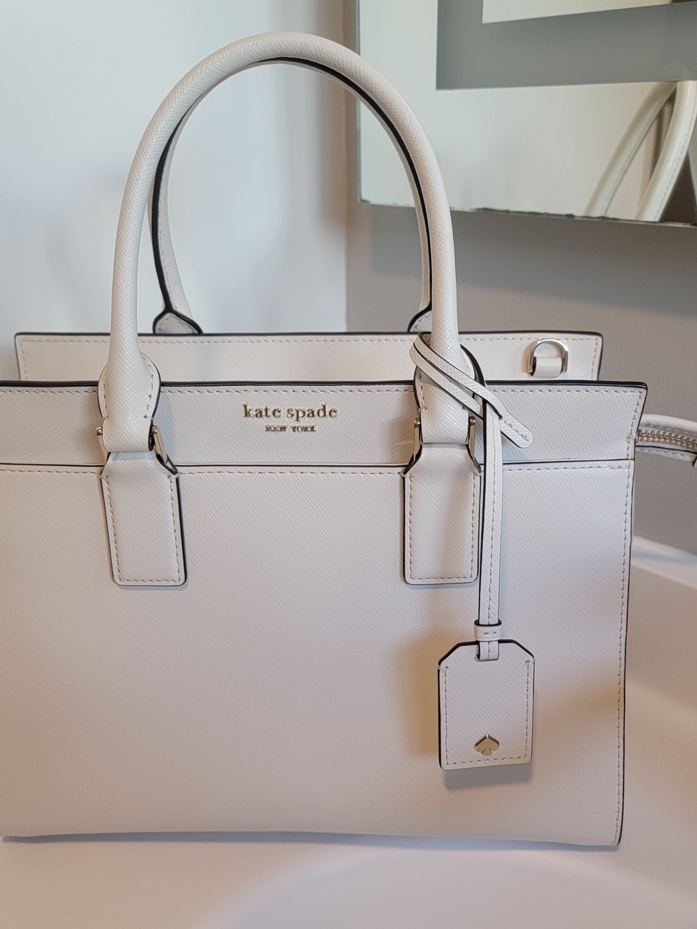 kate spade cream structured saffiano leather satchel